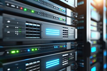 Modern server racks displaying lit indicators in a data center during daylight hours with vibrant colors highlighting activity