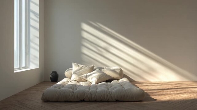 Minimalist Bedroom Sanctuary: A serene, sunlit bedroom featuring a minimalist futon with soft pillows.