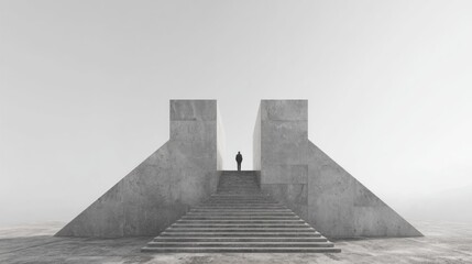 Minimalist concrete stairway leading to a lone figure under a cloudy sky