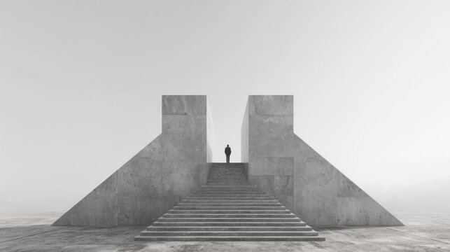 Minimalist concrete stairway leading to a lone figure under a cloudy sky