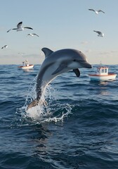 Fototapeta premium Wild dolphin leaps from ocean waves, splashing water, under a sky with seagulls and distant fishing boats, capturing a vibrant marine life scene