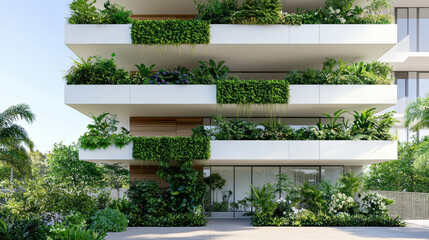 Obraz premium Modern residential tower with lush greenery and vibrant plants adorning balconies, creating