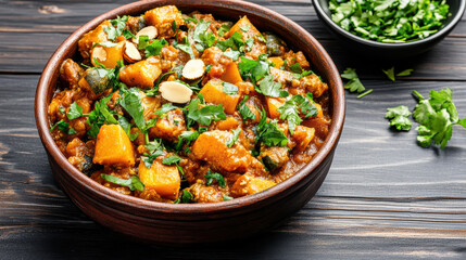 Spiced vegetable tagine with apricots and almonds, garnished with fresh herbs, offers vibrant