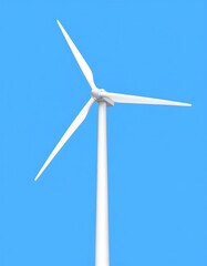 A modern white wind turbine generator standing tall against a clear blue sky, symbolizing the production of clean, renewable, and sustainable energy for a green future.