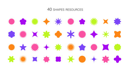 40 Vibrant Abstract Vector Shapes in Neon Colours - Includes stars, bursts, blobs, and geometric forms, perfect for modern design, backgrounds, and creative graphic projects.