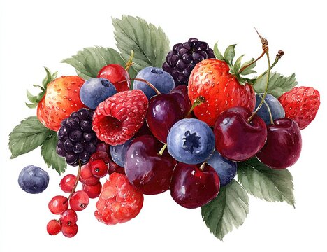 Watercolor illustration of a vibrant berry medley.  A cluster of various berries?strawberries, raspberries, blueberries, blackberries, cherries, and red currants?are artfully arranged together.   - Powered by Adobe