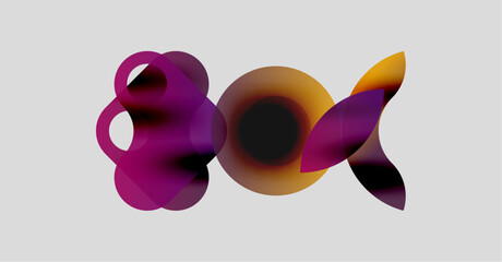 Abstract shapes overlap, creating vibrant purple, orange hues. Soft gradients suggest fluid movement, modern design. Minimalist composition.