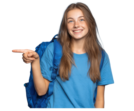 Cheerful young student with a blue backpack and freckles pointing her finger sideways.