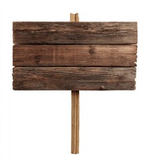Rustic wooden sign.  A weathered, dark brown wooden sign, composed of layered planks, is mounted on a light brown wooden post.  It's isolated against a pure white background