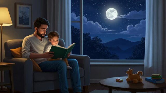 Man reading to child by moonlit window
