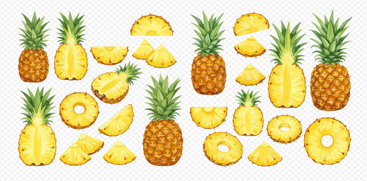 A vibrant collection of illustrated pineapples, showcasing whole fruits alongside various cuts like halves, rings, slices, and wedges.