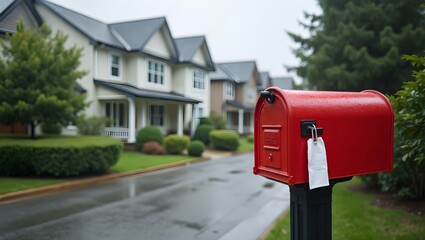 A bright red mailbox stands on a quiet suburban street with houses on an overcast, rainy day.