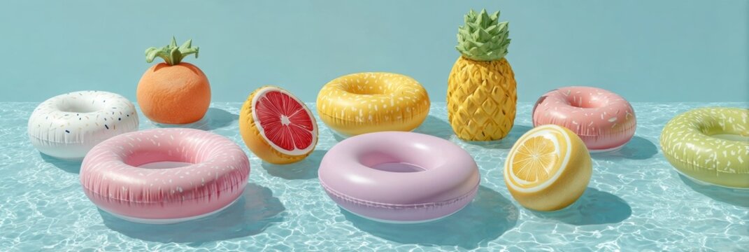 Modern Premium Summer Lifestyle Concept with Colorful Donut Floats and Citrus Fruits in Pool Authentic High-Quality Marketing Content for Social Media