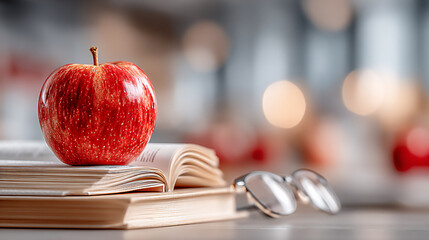 an open book with a red apple and eyeglasses on a wooden desk.
