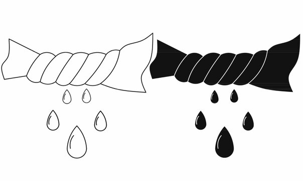 vector illustration icon of a twisted cloth being squeezed, releasing water drops. Includes outline and silhouette,solid styles, perfect for laundry, cleaning, and wash concepts.