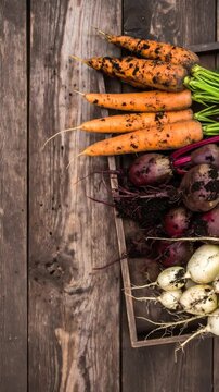 Freshly Harvested Carrots, Beets, and Radishes in Wooden Crate