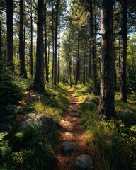 Obraz premium Premium Authentic Forest Trail Path in Lush Green Woodland Modern Nature Hiking Adventure for Calm Outdoor Lifestyle Content and Marketing