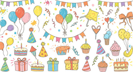 Colorful illustration of party elements including balloons, gifts, cakes, hats, and streamers.