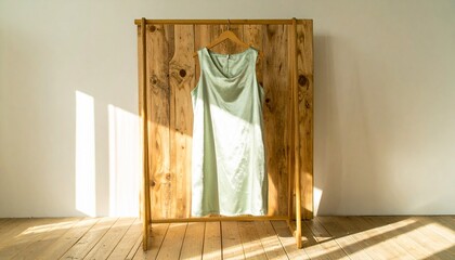 High-end clothing mockup showing a single rare garment hanging neatly on a wooden hanger