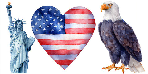 watercolor-style illustrations featuring various american symbols: the statue of liberty standing ta