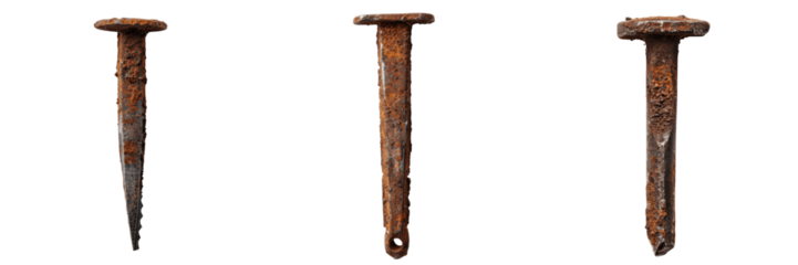 Three Rusty Nails on Isolated White Background for Industrial Use