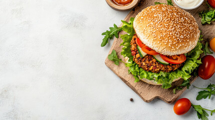 Plant based burger with fresh vegetables on wooden board, garnished with sauces