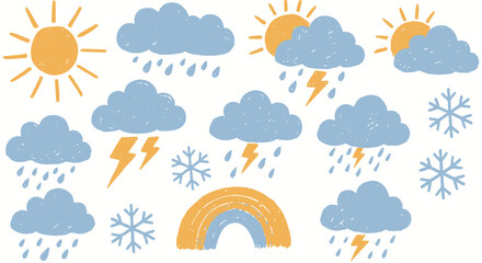 Collection of hand-drawn weather symbols, including sun, clouds, rain, lightning, and snow.