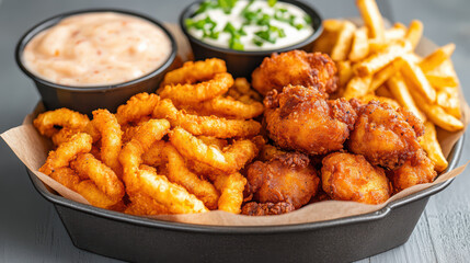 Fototapeta premium Crispy fried chicken, curly fries, and onion rings served in black tray with dipping sauces