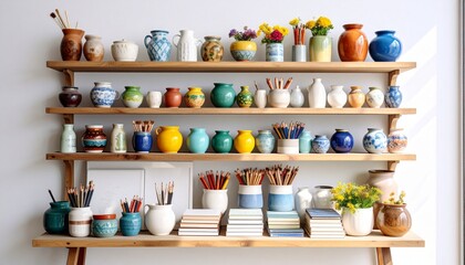 Obraz premium Storefront mockup with colorful artisan crafts pottery, handmade books