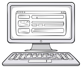 Line art illustration of desktop computer showing user interface elements on screen