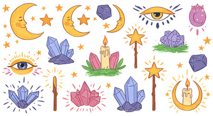 Fototapeta premium Whimsical illustration featuring celestial elements, crystals, candles, and magic wands, all arranged in a decorative style.