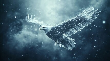 Eagle Flying Against Blue Bokeh Background