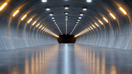 Naklejka premium Modern tunnel interior with smooth concrete walls and bright overhead lights creates futuristic
