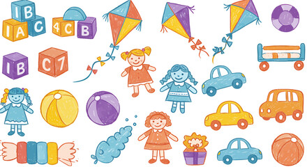 Naklejka premium Colorful illustration featuring a collection of children's toys including kites, dolls, blocks, cars, balls, and a toy train.