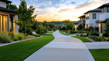 Serene twilight glow illuminates quiet suburban neighborhood, showcasing winding pathways