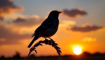 Serene Sunset with Bird Silhouette Grain