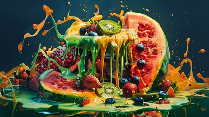 Surreal still life of colorful artificial food melting into a dark void, representing the paradox of modern diet culture, processed perfection, and the contrast between visual appeal,unhealthy reality