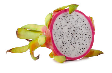Fresh dragon fruit whole, half-cut, and slices isolated on a transparent background
