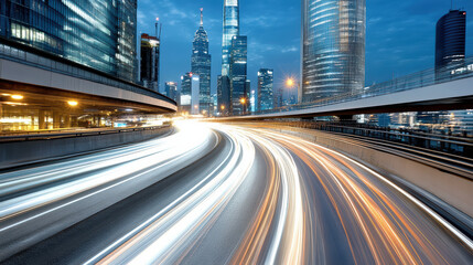 Obraz premium Urban night scene with light trails from cars, showcasing vibrant city skyline