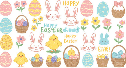 A collection of Easter-themed illustrations featuring decorated eggs, bunny faces, chicks, flower blossoms, and baskets filled with eggs, along with "Happy Easter" text.