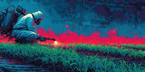 Professional Farmer in Full Protective Suit Applying Pesticide on Crop Rows Modern Agricultural Safety for Sustainable Food Production Marketing