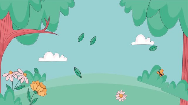A serene and simple cartoon illustration of a peaceful meadow with trees, flowers, and falling leaves. A minimalist and calming nature background with a gentle, flat style.