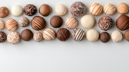 Delightful assortment of chocolate truffles arranged neatly on white background