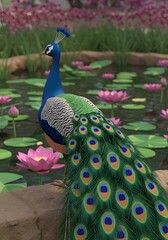 Obraz premium Majestic peacock displaying vibrant iridescent plumage beside a tranquil pond, its long tail fanned, amidst blooming pink lotus flowers, symbolizing natural beauty and elegance
