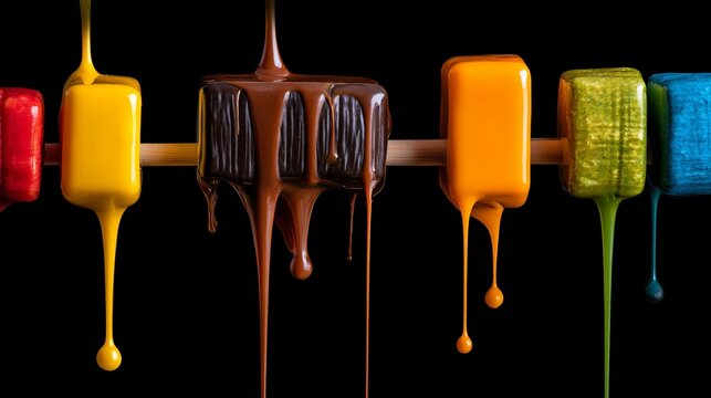 Surreal still life of colorful artificial food melting into a dark void, representing the paradox of modern diet culture, processed perfection, and the contrast between visual appeal,unhealthy reality