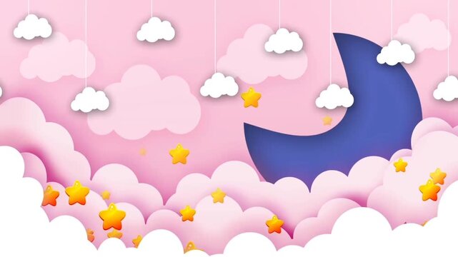 A charming night sky in a paper-cut style, featuring a dark blue moon, pink clouds, and dangling stars. A cute and crafty background for children's content or lullabies.