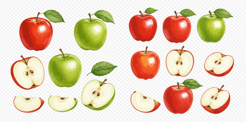 An illustrative set of fresh red and green apples, shown whole, cut in half, and as slices.