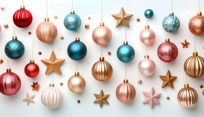 A festive collection of colorful Christmas baubles and star ornaments hanging against a light background. Holiday decoration concept.