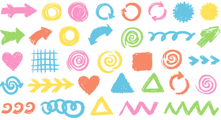 Colorful hand-drawn shapes and arrows; design elements for projects.