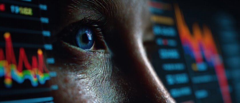Modern Professional Businessman Eye Closeup with Digital Data Visualizations High-Quality Tech Content for Corporate Marketing and Social Media Campaigns